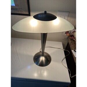 MCM Atomic Style Stainless Frosted Lamp Shade Art Deco Touch Lamp 3 Way VTG UFO